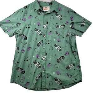 Urban Pipeline Men Awesomely Soft Button-Down Shirt XL Green Retro Print Walkman